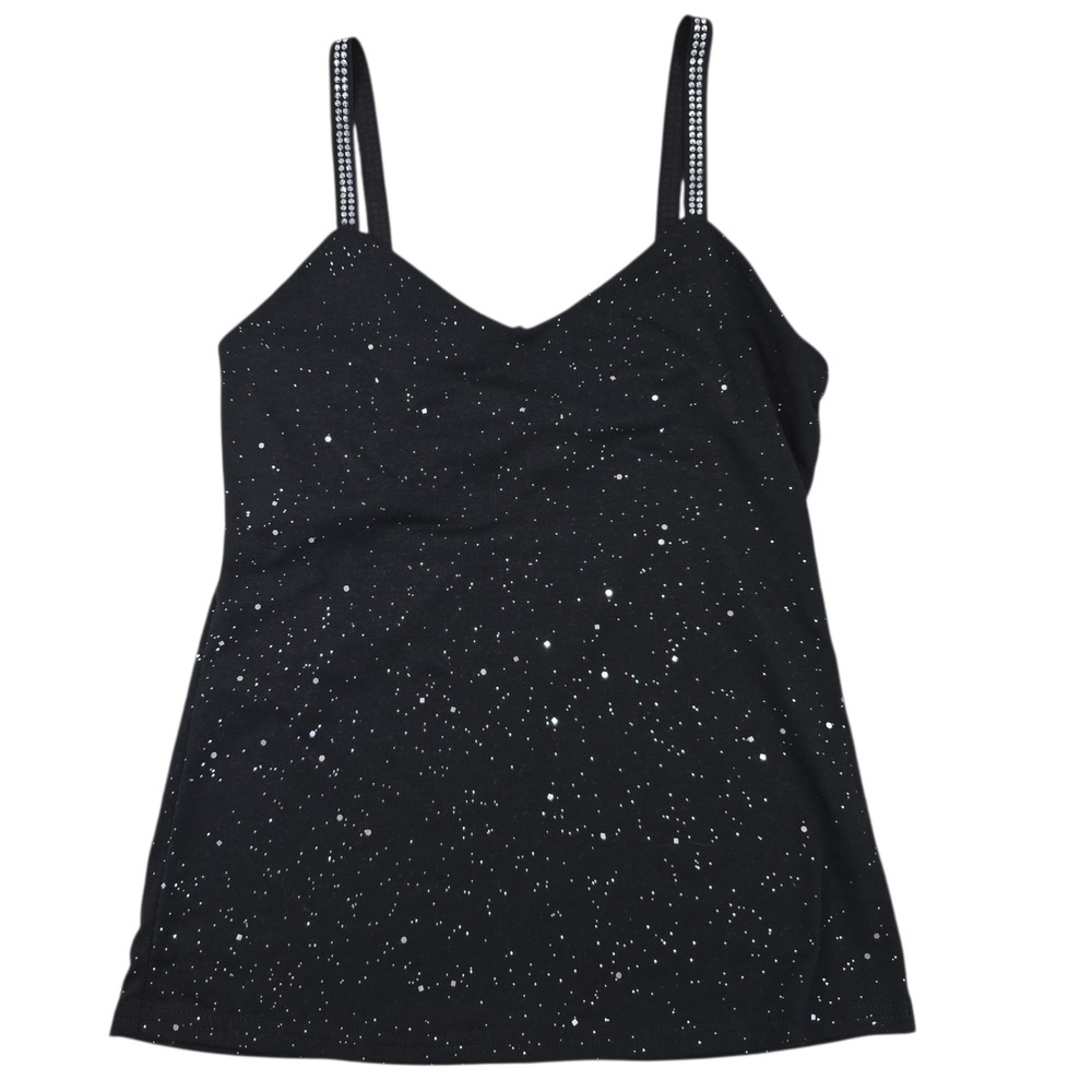 Unbranded Cami Tank Top Womens M Black Poly Spandex Y2K Rhinestone Strap Glitter